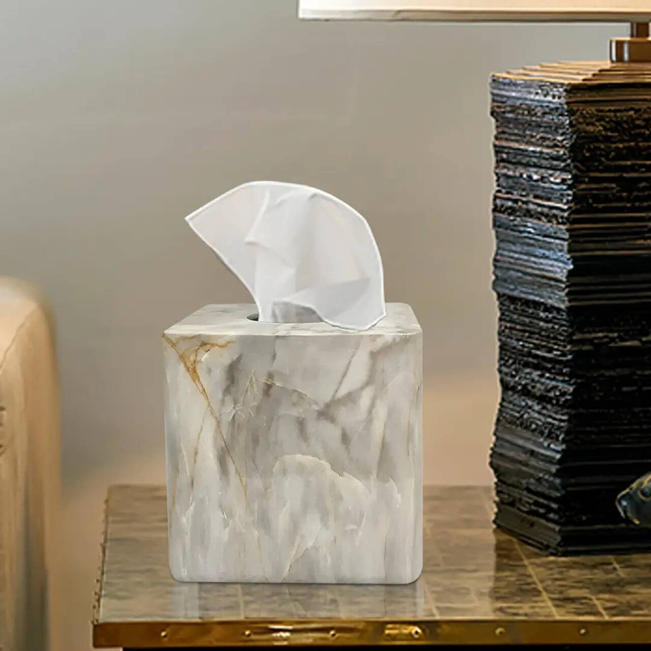 Boutique Tissue Box Cover | Resin Square Facial Tissue Box Holder | Marble Finish